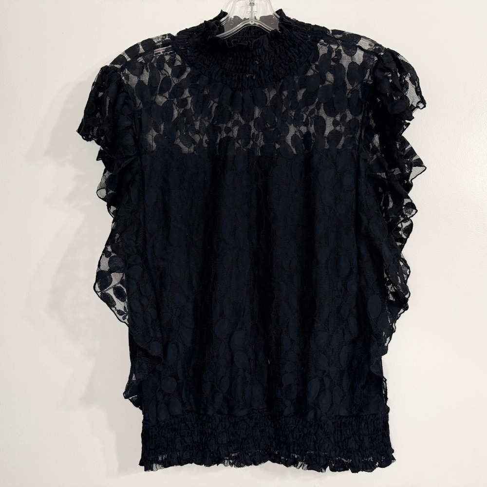 Adiva Smocked Mock Neck Lace Ruffle Whimsigoth Top Womens Black Size M Feminine